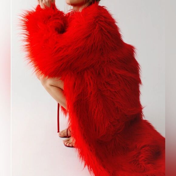 Nasty Gal Maxi Faux Mongolian Coat Red XS NWT IN PACKAGE - Picture 3 of 9